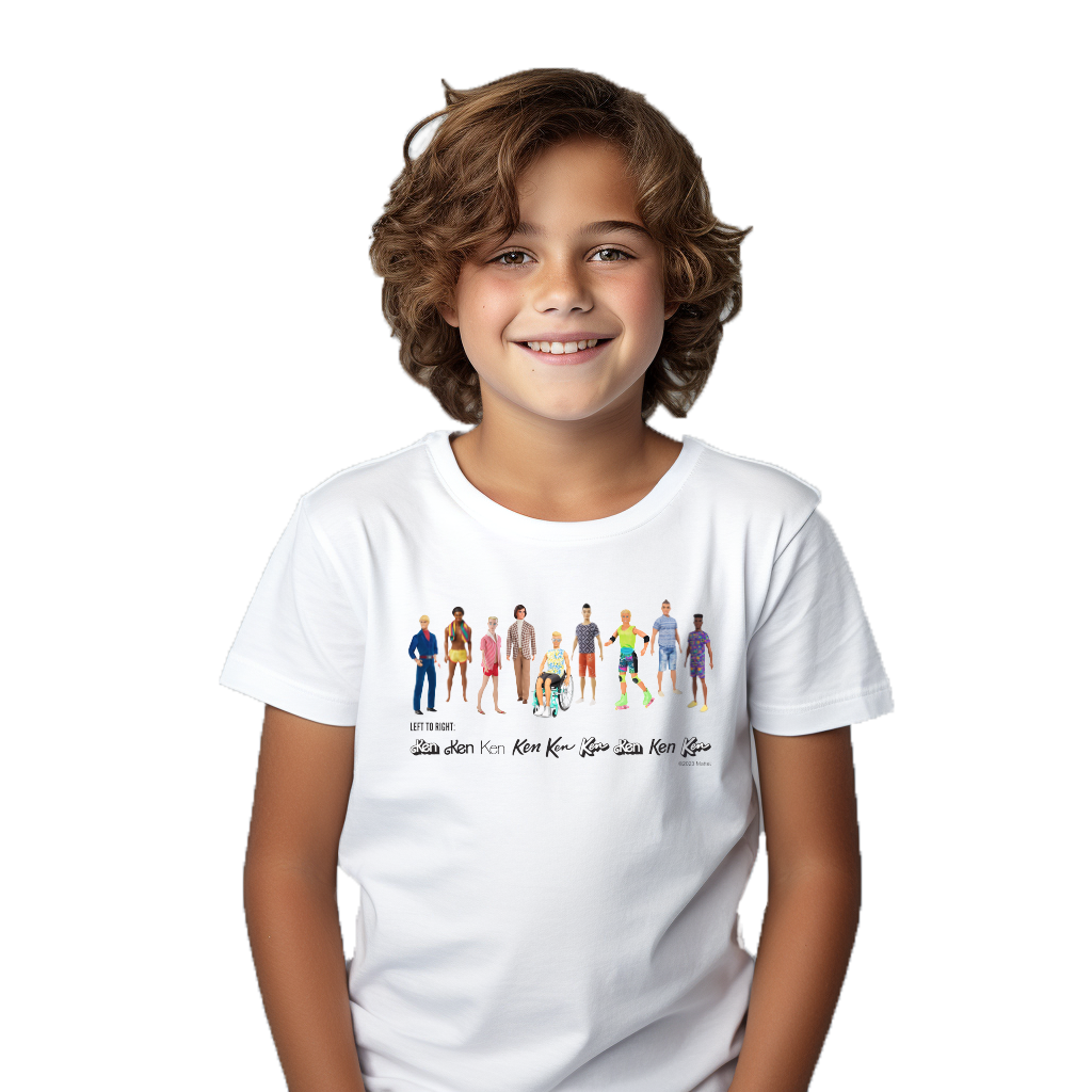 Ken Lineup: Left to Right Boys White Tee ©2023 Mattel.