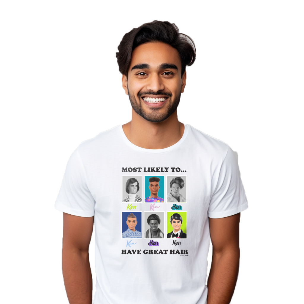 Most Likely To Have Great Hair Men’s White Tee ©2023 Mattel.