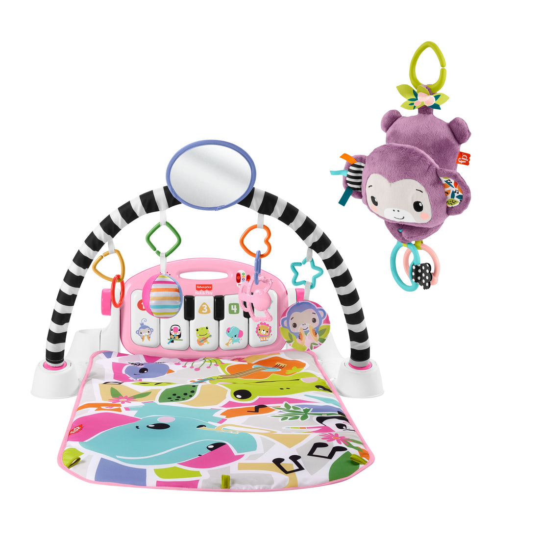 Bundle: Glow & Grow Piano Gym + Purple Monkey Stroller Toy