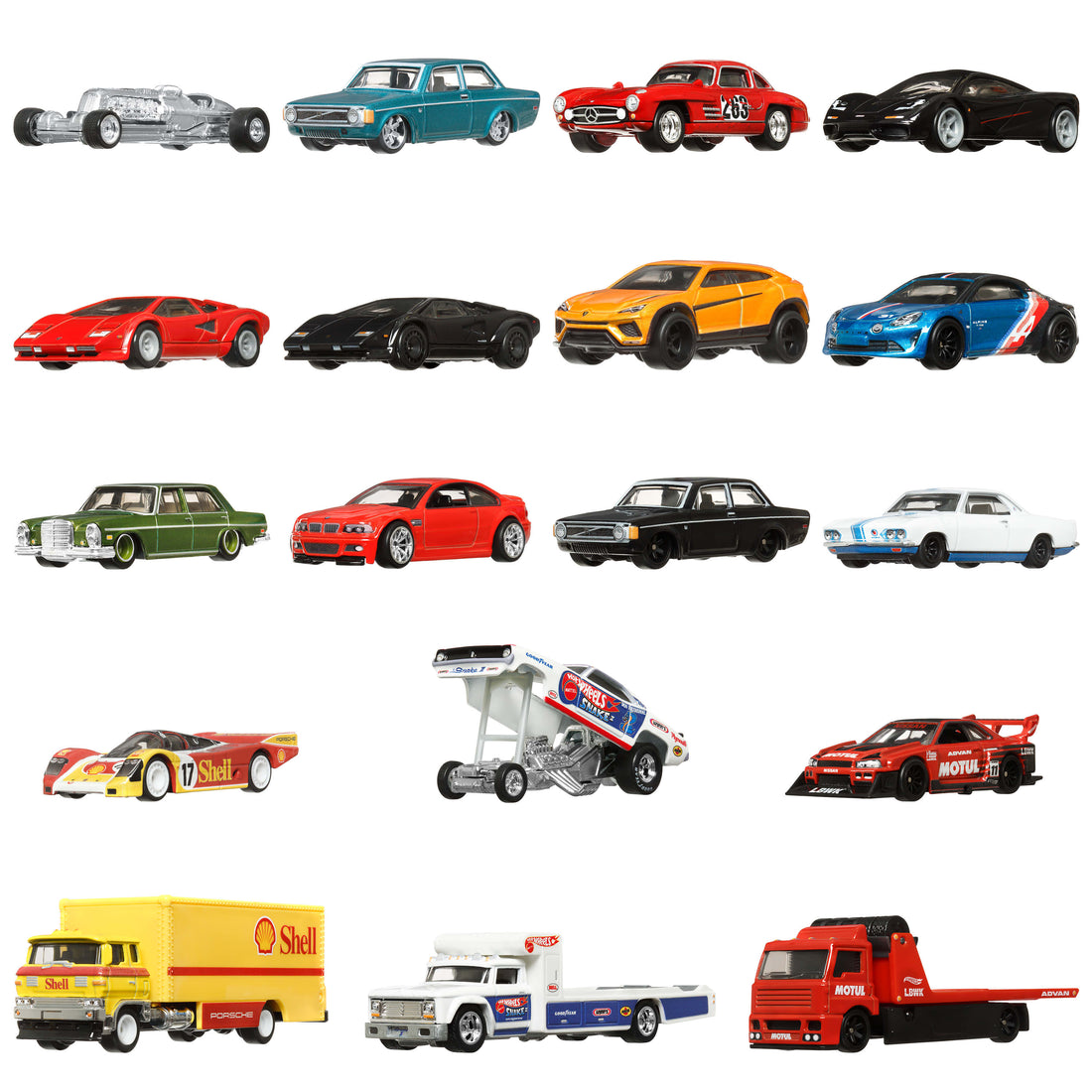 Hot Wheels Car Culture & Team Transport Factory Set of 18 Premium Toy Vehicles (Styles May Vary)