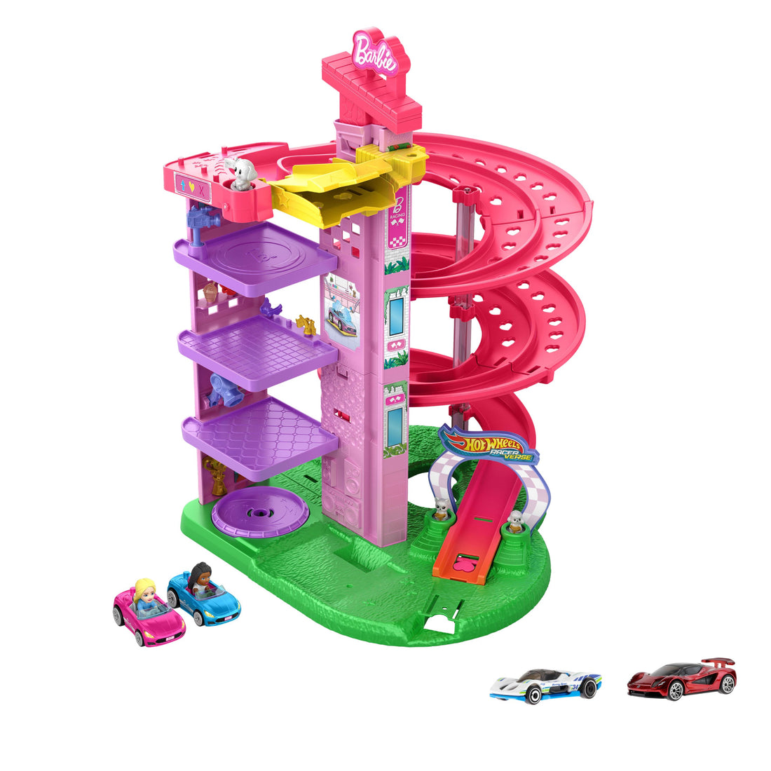 Bundle: Hot Wheels RacerVerse Barbie Spiral Race Track + 2 Assorted 1:64 Scale Vehicle