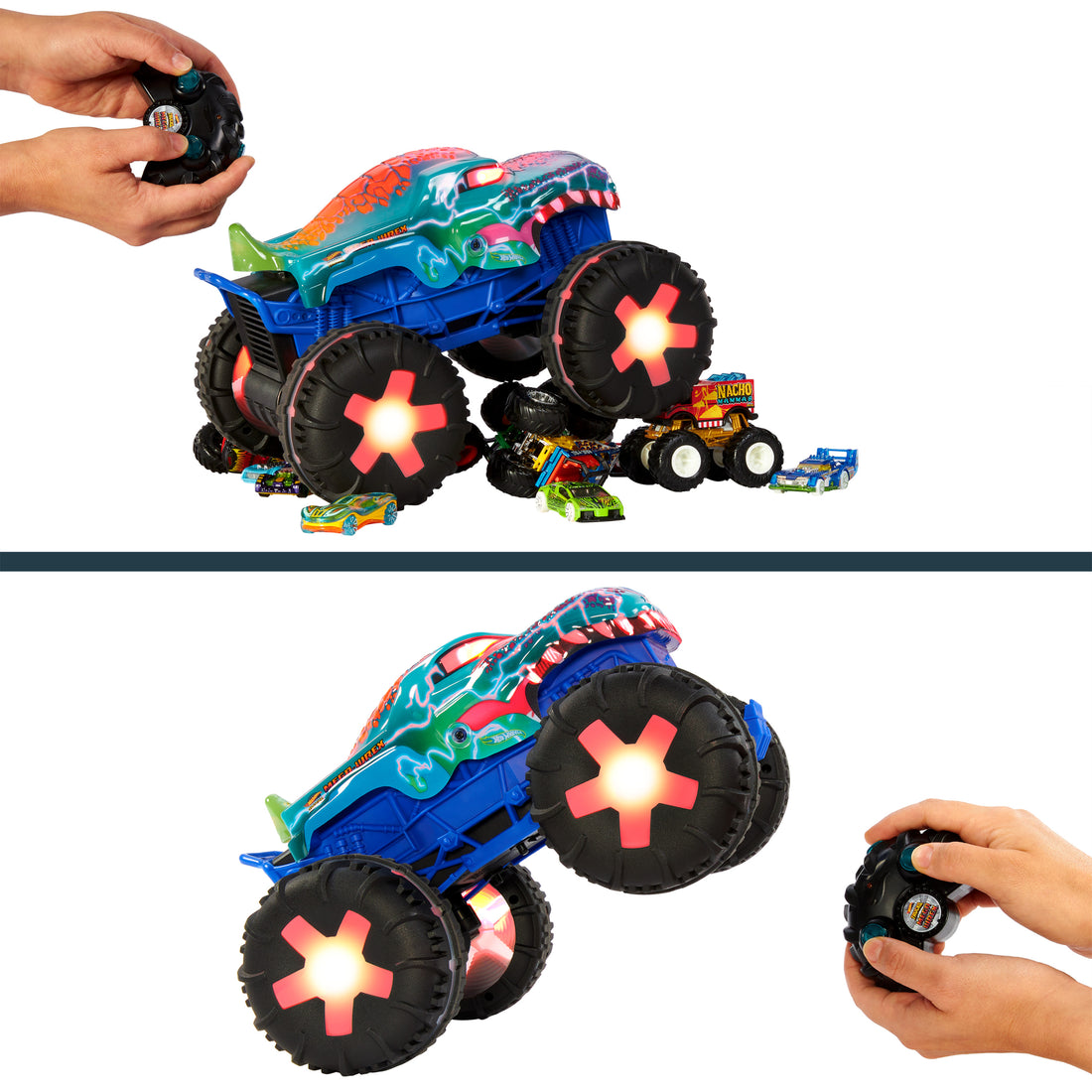 Hot Wheels Monster Trucks 1:15 Scale Mega-Wrex Alive Remote-Control Vehicle, Battery-Powered RC with Interactive Lights & Sounds