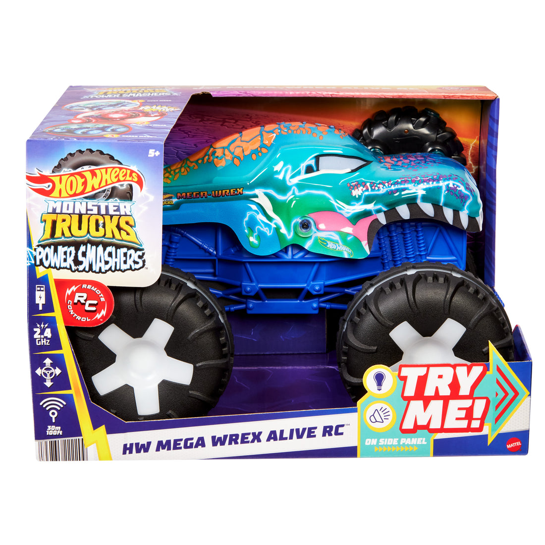 Hot Wheels Monster Trucks 1:15 Scale Mega-Wrex Alive Remote-Control Vehicle, Battery-Powered RC with Interactive Lights & Sounds