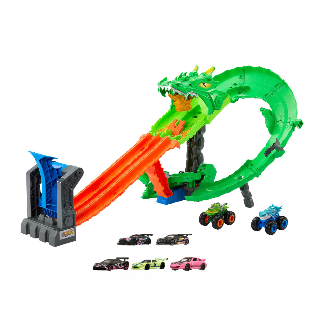 Bundle: Hot Wheels Dragon Demolition Trackset + 5 Neon Speeders