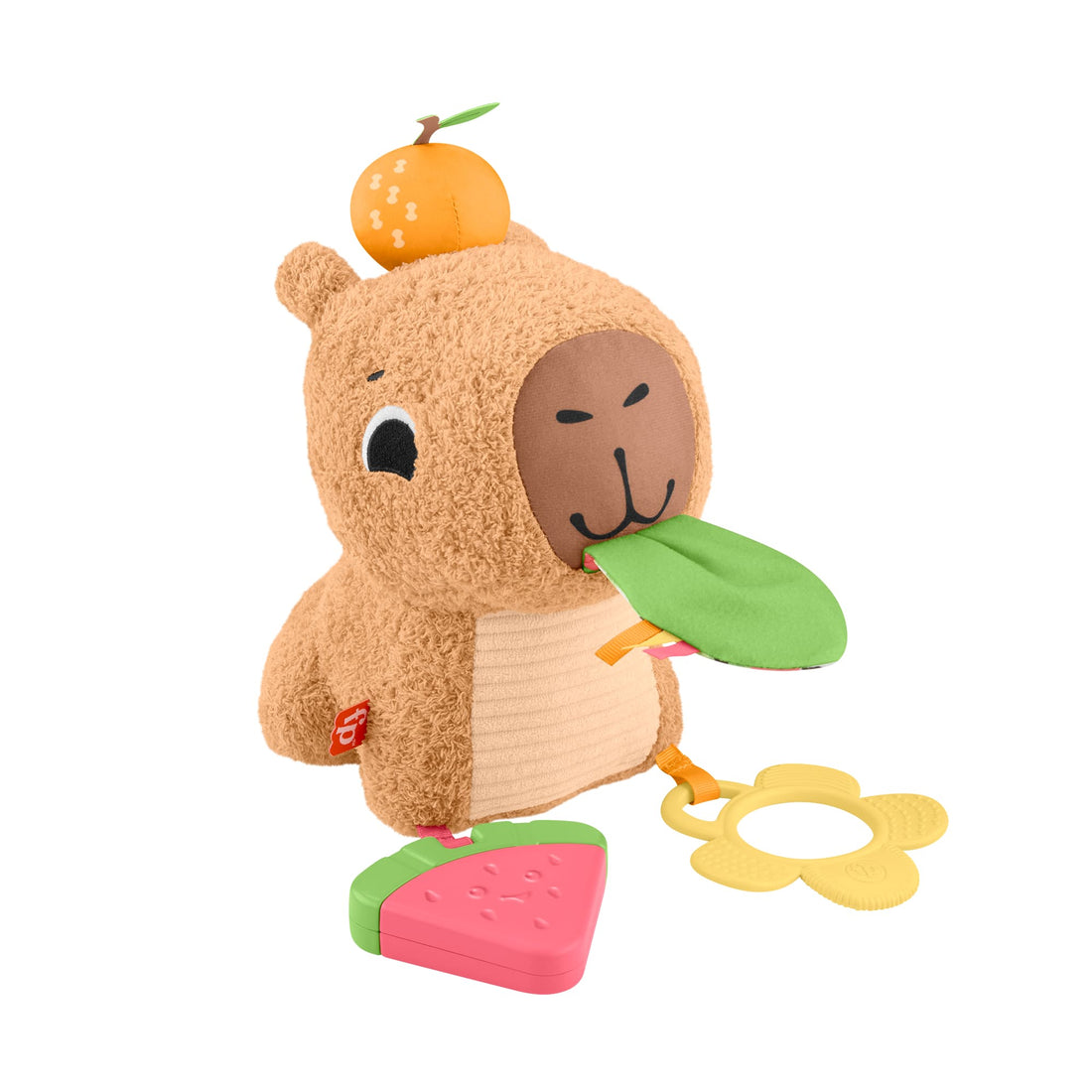 Fisher-Price Snuggly Snacky Capybara Plush Baby Sensory Toy with Teether & Rattle for Newborns