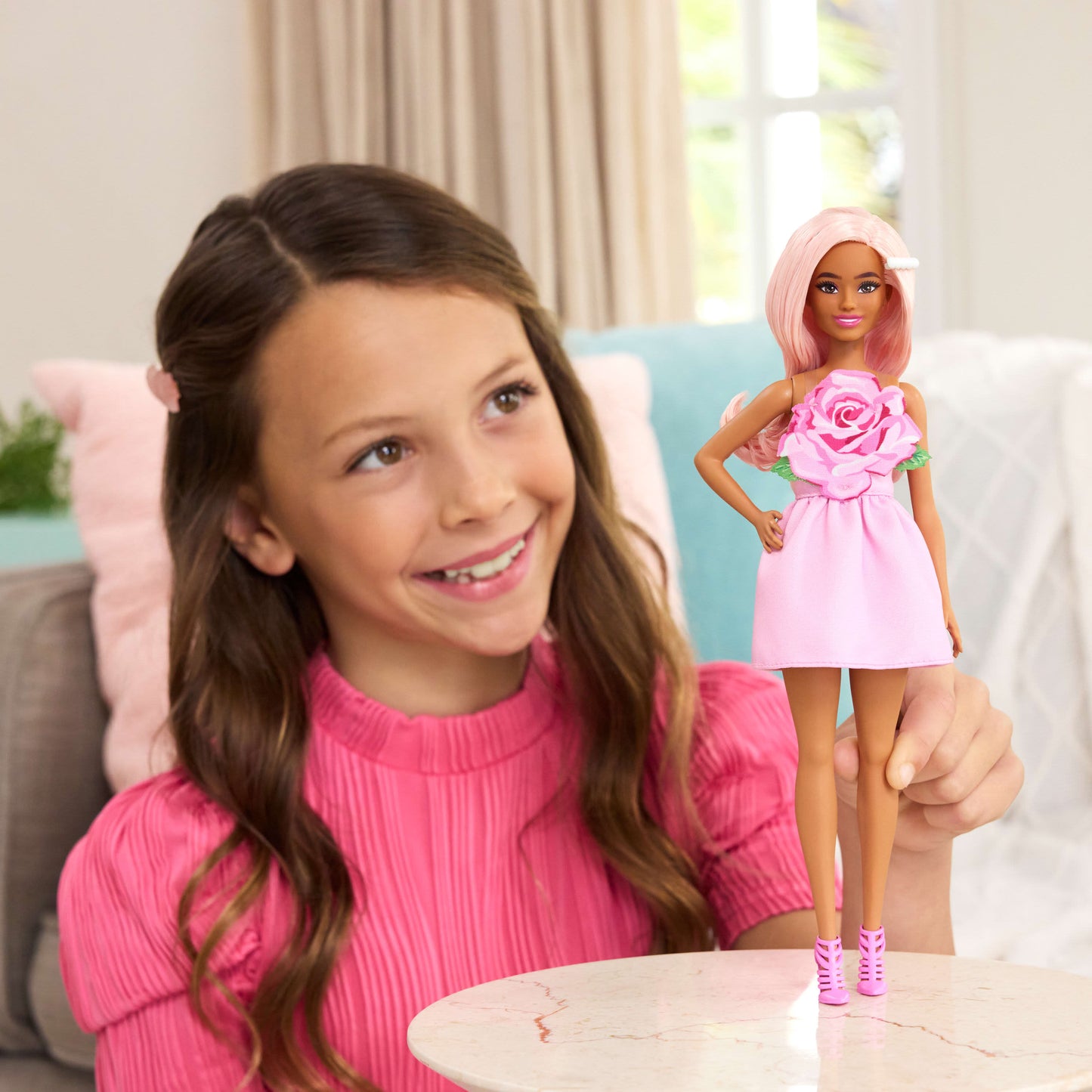 Barbie Fashionistas Doll #238 in Strapless Rose Dress, Pink Hair with Barrette Accessory