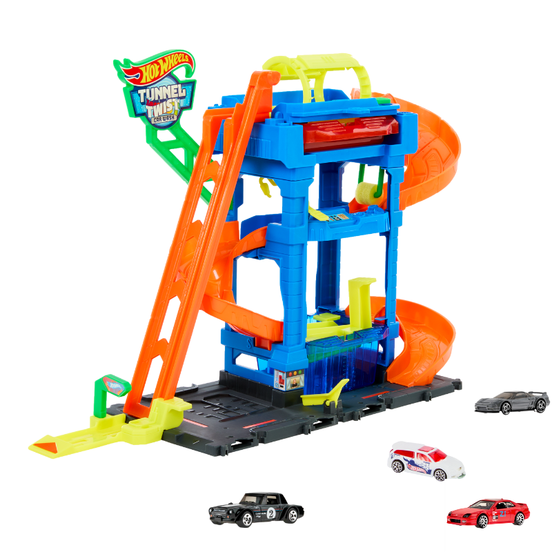 Bundle: Hot Wheels Tunnel Twist Car Wash & 10 1:64 Scale Cars
