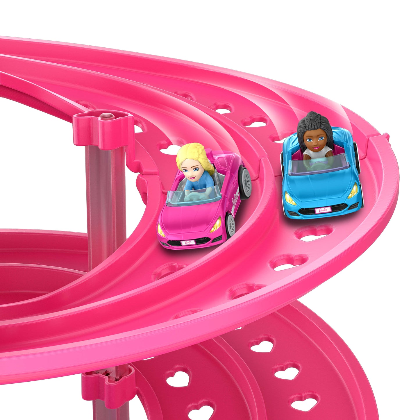 Bundle: Hot Wheels RacerVerse Barbie Spiral Race Track + 2 Assorted 1:64 Scale Vehicle
