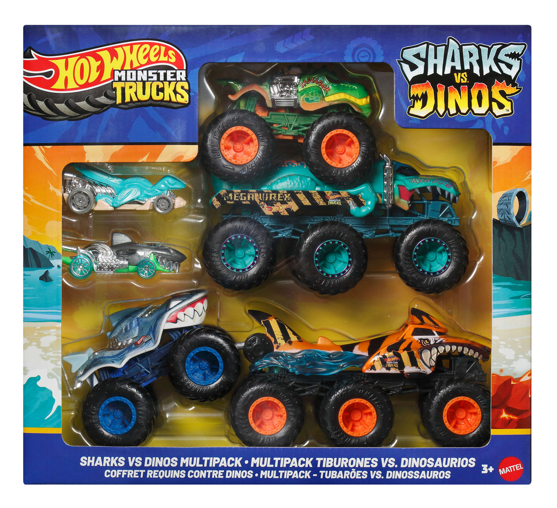 Bundle: Hot Wheels Monster Trucks Sharks vs Dinos Multipack + 5 Assorted Vehicles