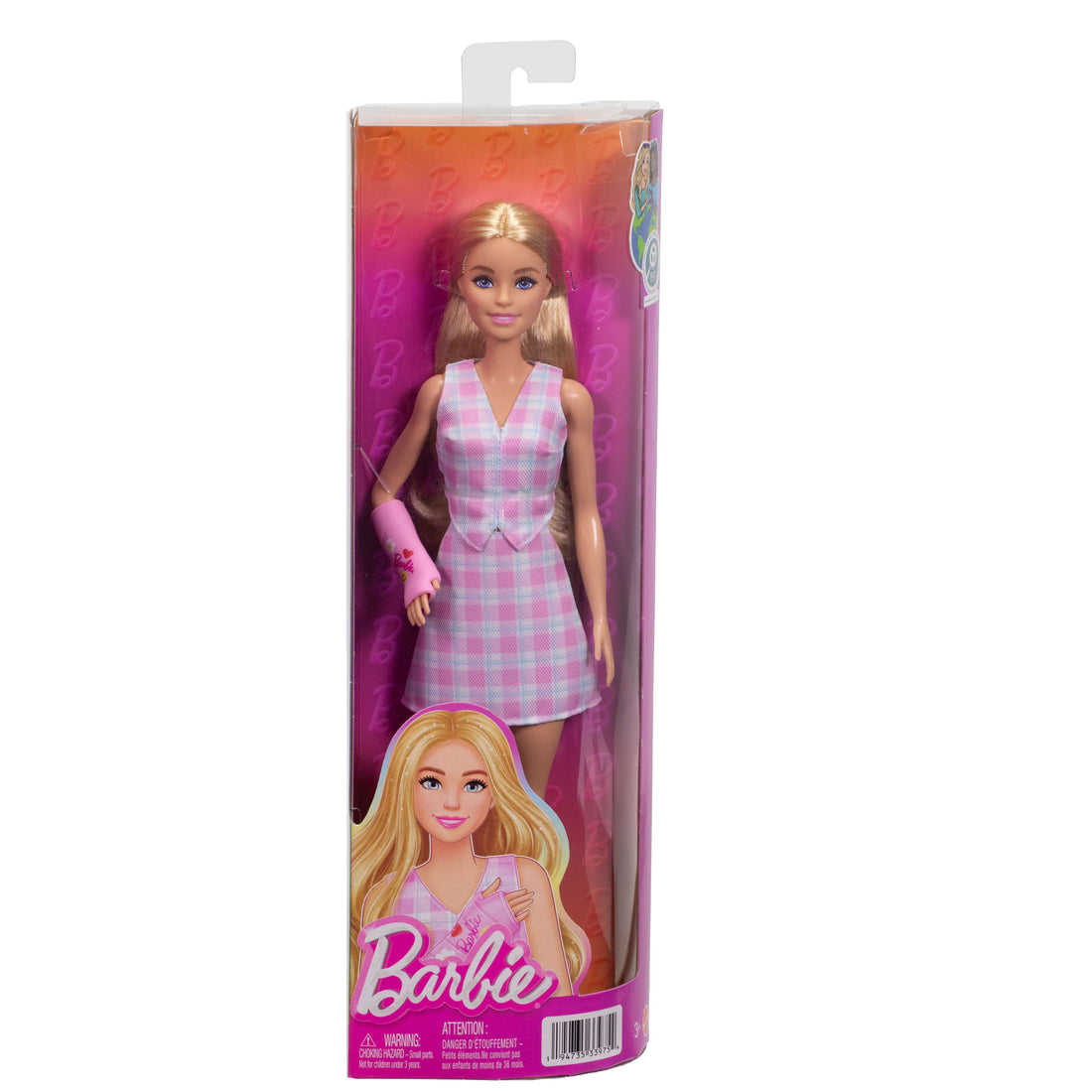 Barbie Fashionistas Doll #243 with Pink Arm Cast and Plaid Top and Skirt, Blonde