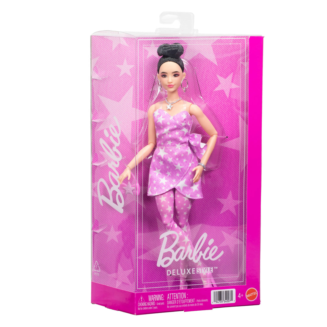Barbie Deluxe Style Fashion Doll #11 in Pink Denim Star-Print Dress, Black Hair in Bun