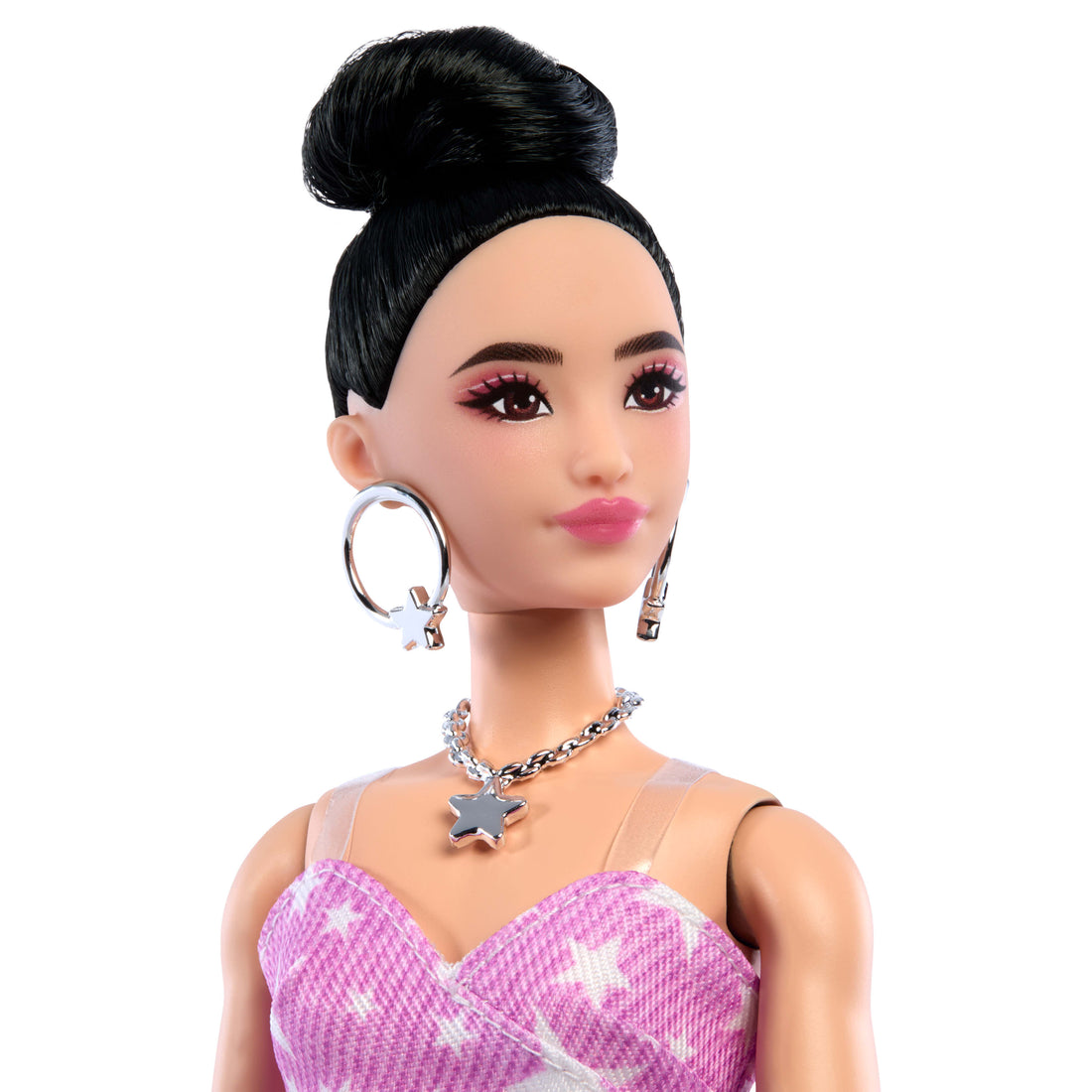 Barbie Deluxe Style Fashion Doll #11 in Pink Denim Star-Print Dress, Black Hair in Bun