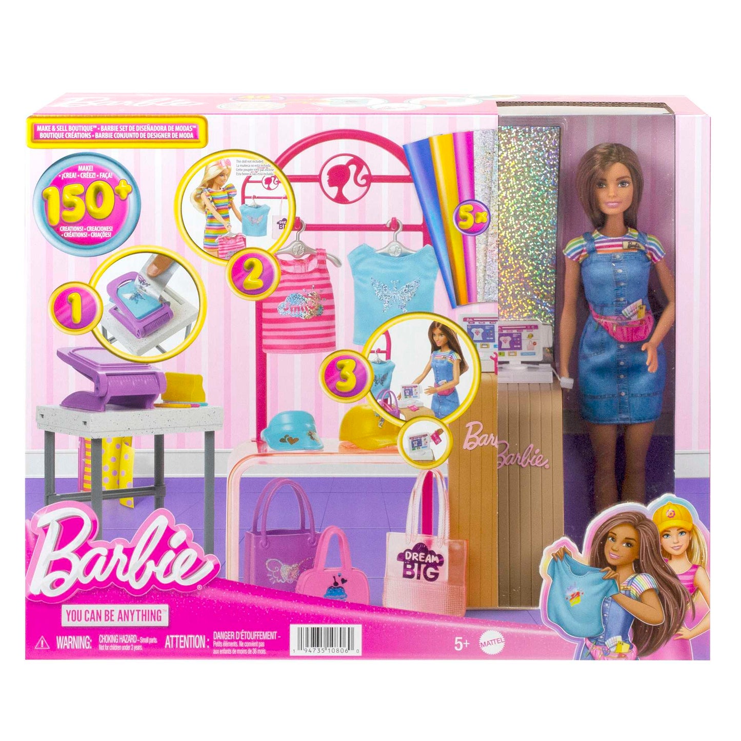 Barbie Make & Sell Boutique Playset With Brunette Doll, Foil Design Tools, Clothes & Accessories