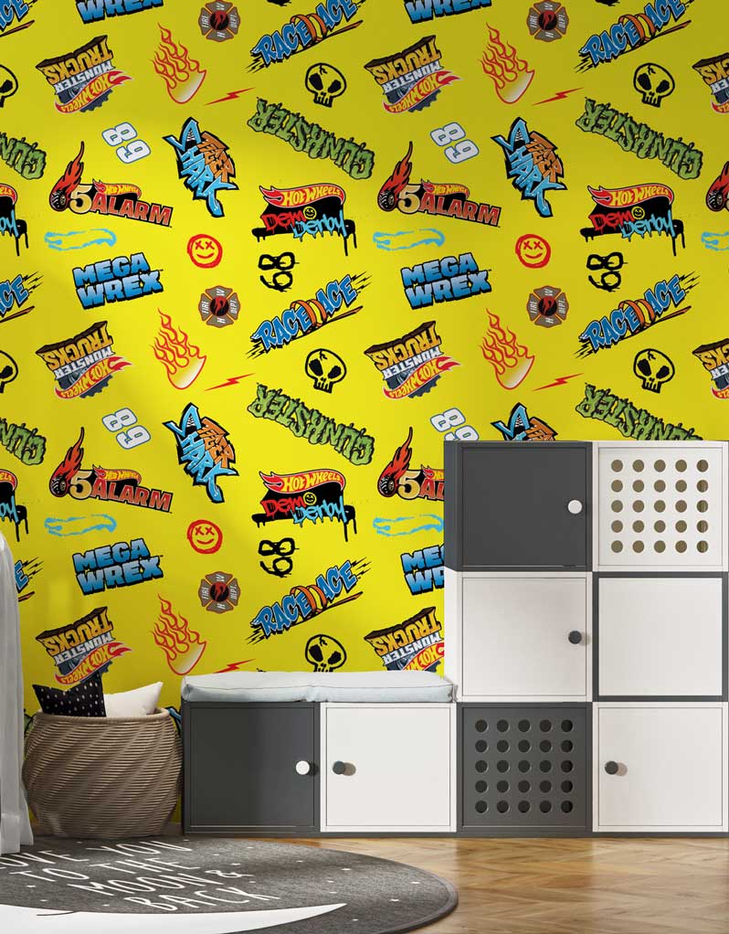 Hot Wheels Monster Trucks Logos Yellow Wallpaper Mural