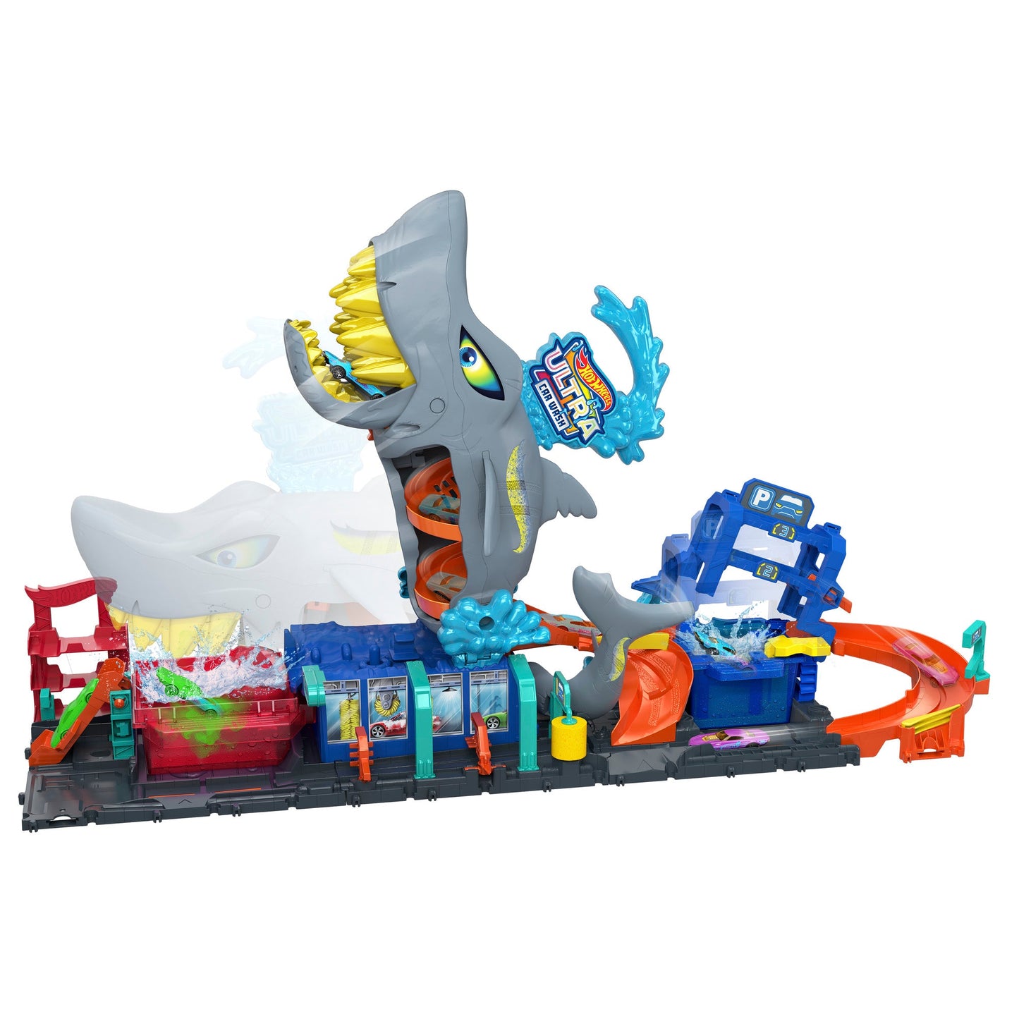 Bundle: Hot Wheels Ultra Shark Car Wash Playset & 10 Basic Assorted Cars