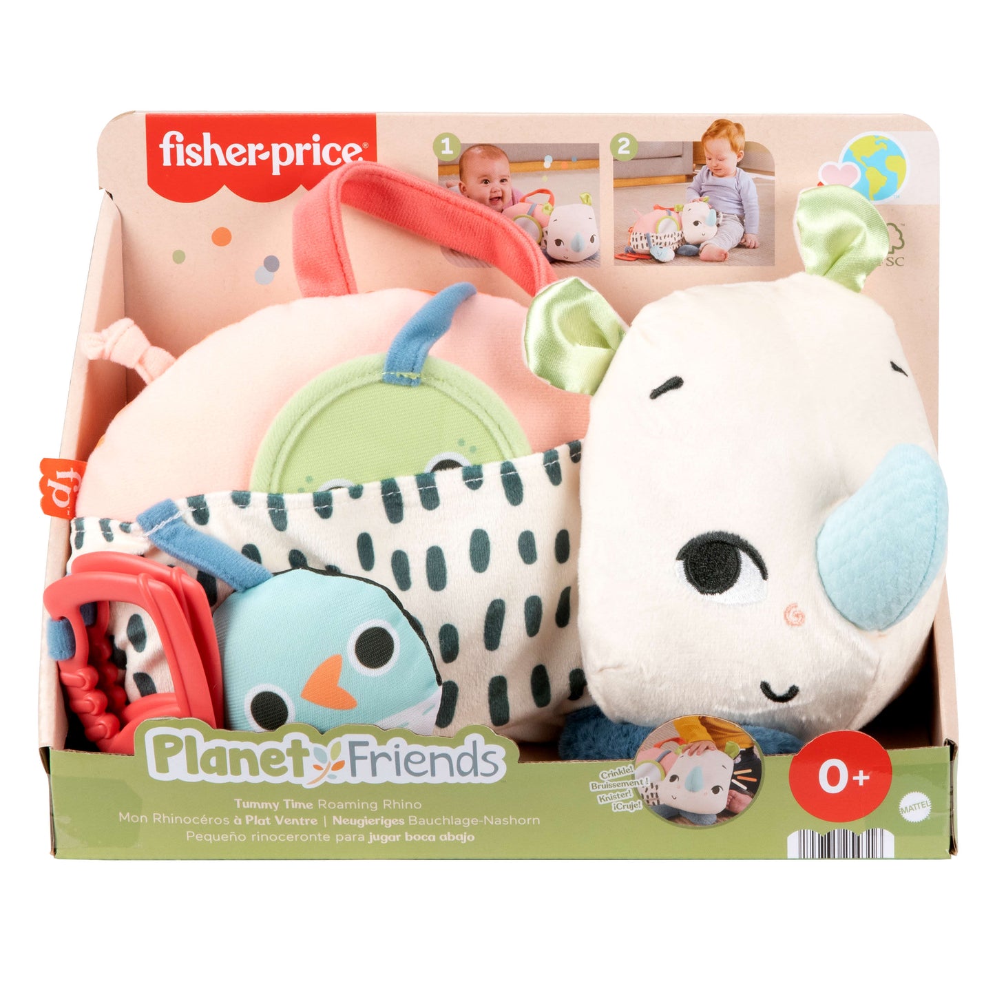 Fisher-Price Planet Friends Tummy Time Roaming Rhino Plush Sensory Toy for Newborn Babies