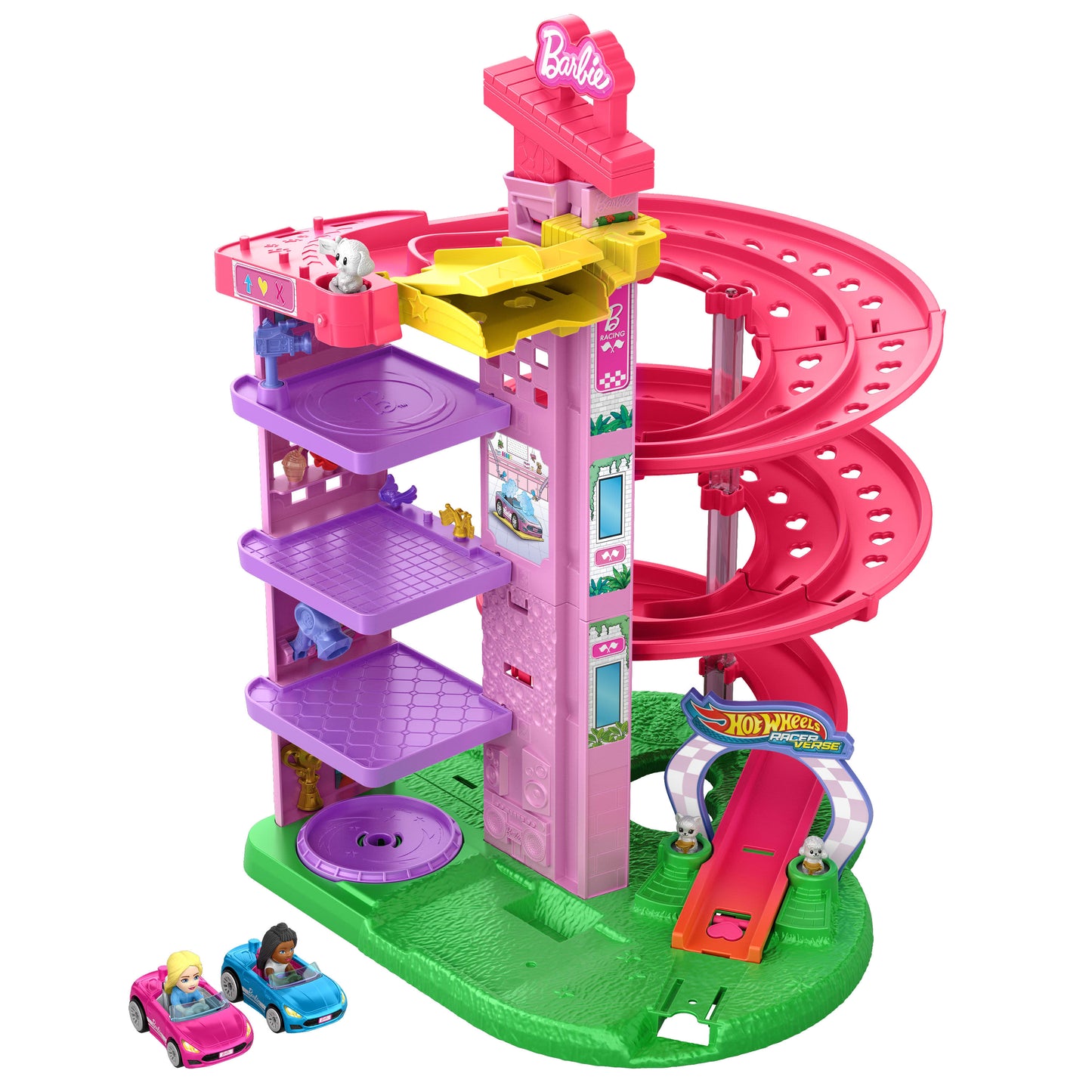 Bundle: Hot Wheels RacerVerse Barbie Spiral Race Track + 2 Assorted 1:64 Scale Vehicle