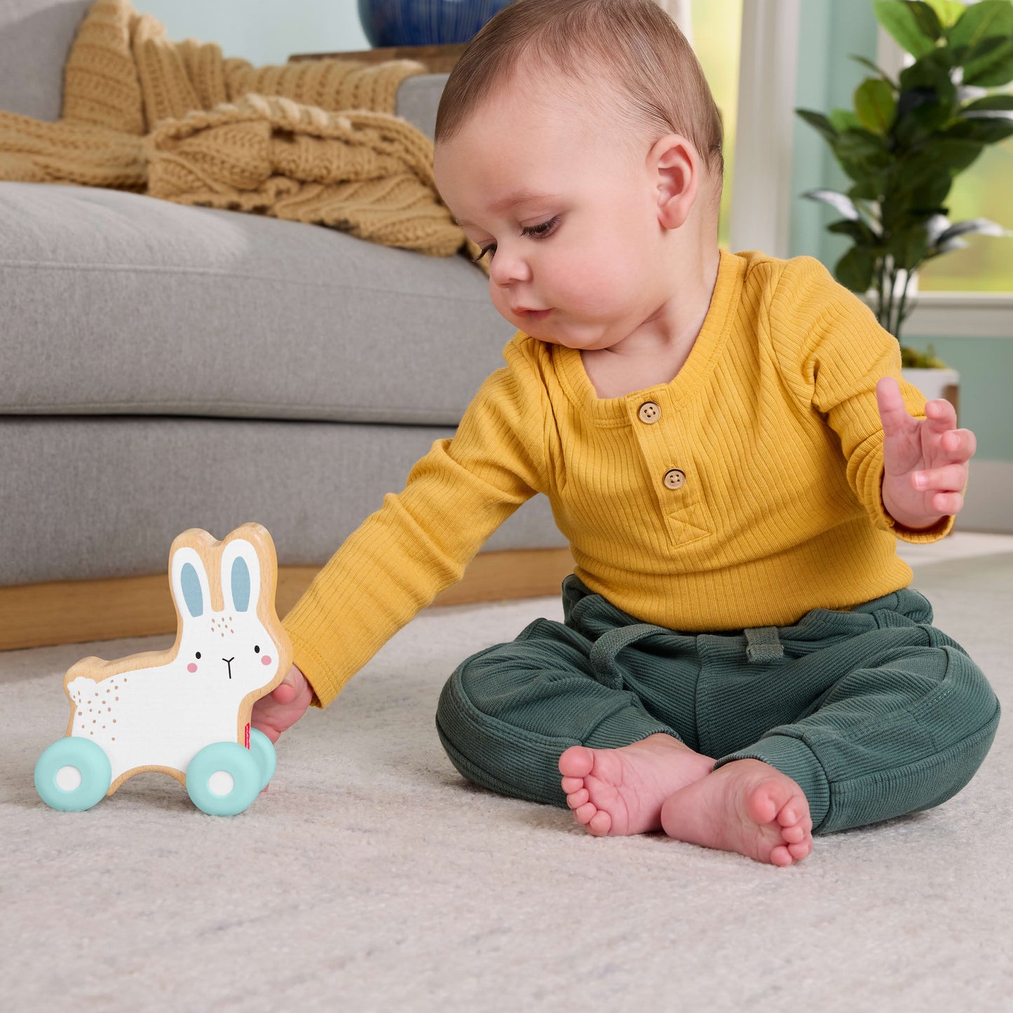 Fisher-Price Wooden Push-Along Bunny Toy Vehicle for Baby Crawling Play