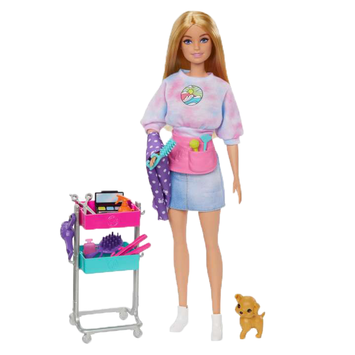 Barbie “Malibu” Stylist Doll & 14 Accessories Playset, Hair & Makeup theme With Puppy & Styling Cart