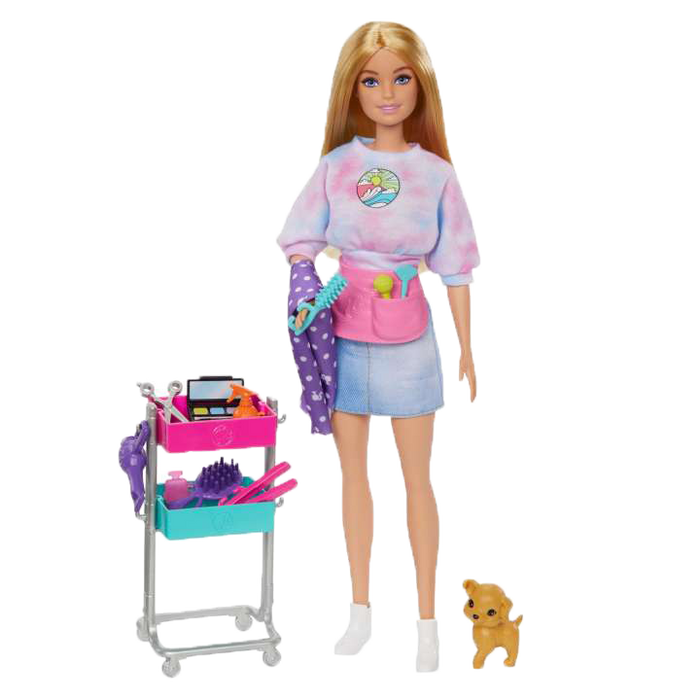 Barbie “Malibu” Stylist Doll & 14 Accessories Playset, Hair & Makeup theme With Puppy & Styling Cart