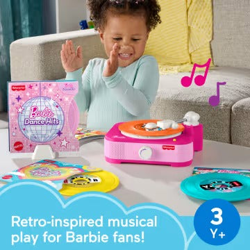 Fisher-Price Barbie Record Player Musical Toy For Preschool Pretend Play, 5 Records & Display Rack