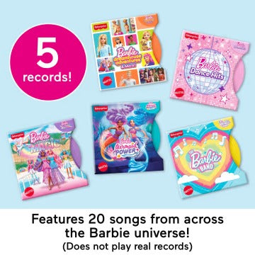Fisher-Price Barbie Record Player Musical Toy For Preschool Pretend Play, 5 Records & Display Rack