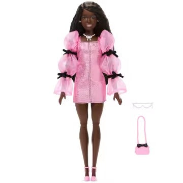 Barbie Deluxe Style Doll #14 in Metallic Pink Barbiecore Dress With Puffed Sleeves And Brown Hair