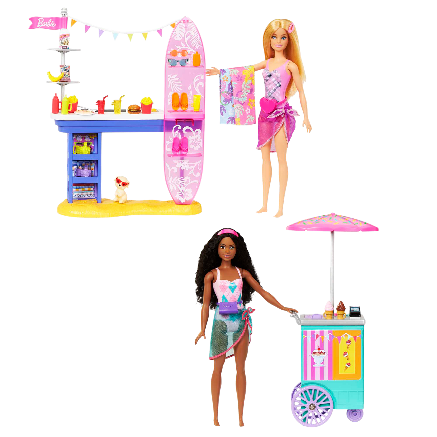 Barbie Beach Boardwalk Playset With Barbie “Brooklyn” & “Malibu” Dolls, 2 Stands & 30+ Accessories