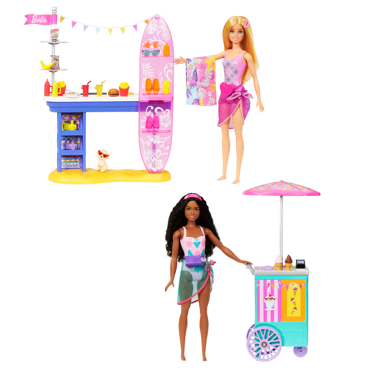 Barbie Beach Boardwalk Playset with Barbie Brooklyn & Malibu Dolls, 2  Stands & 30+ Accessories