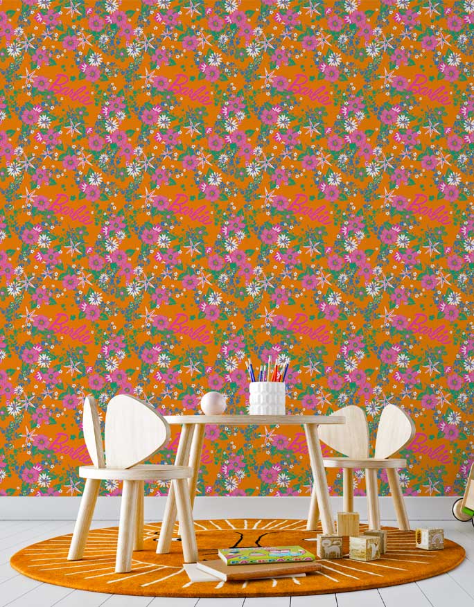 Barbie Extra Orange Floral Wallpaper Mural