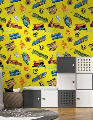Hot Wheels Monster Trucks Logos Yellow Wallpaper Mural